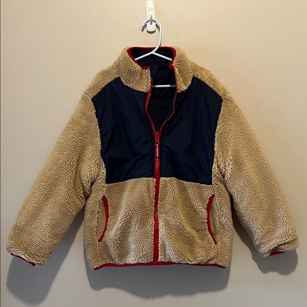 Kids Reversible Tan/Navy/Red Sherpa Jacket